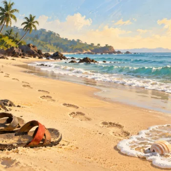 Gouache painting of sandals and footprints beside a quiet Goan shoreline.