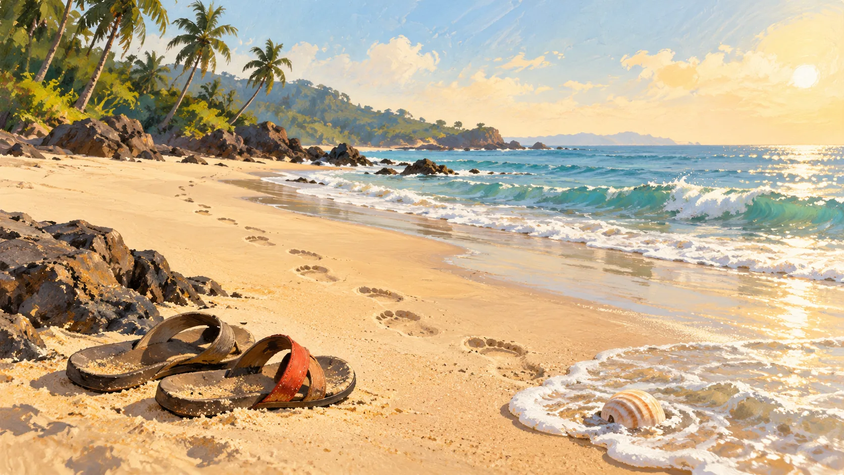 Gouache painting of sandals and footprints beside a quiet Goan shoreline.