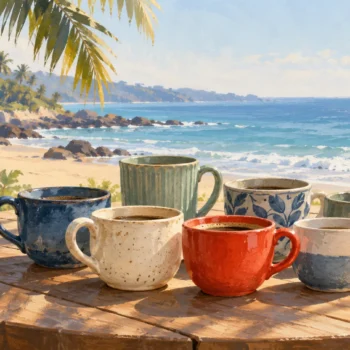 Gouache painting of different ceramic cups gathered on a table beside the sea.
