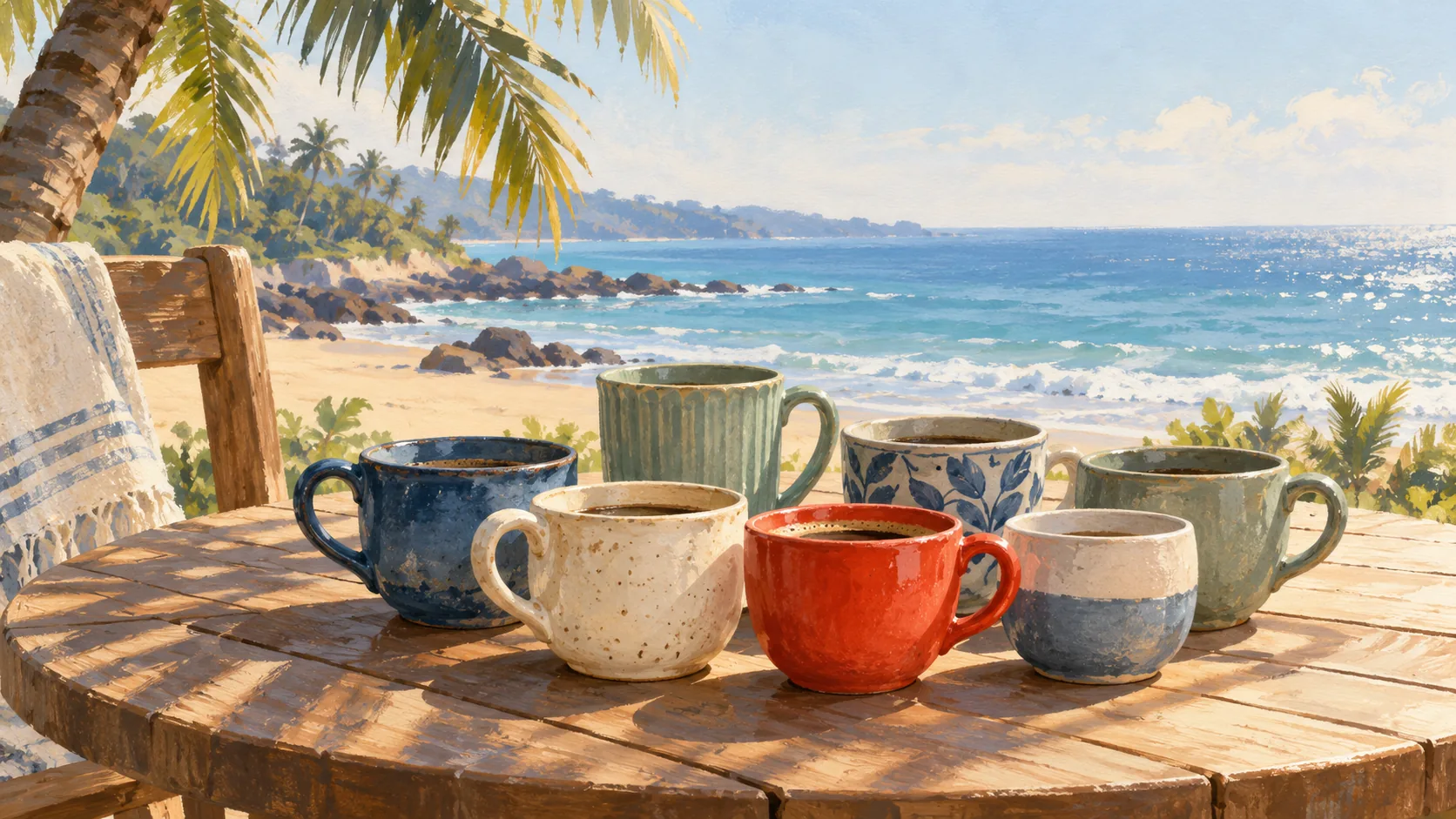 Gouache painting of different ceramic cups gathered on a table beside the sea.