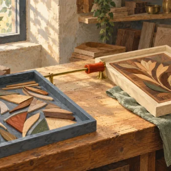 Two connected marquetry stations remain intact while a sliding handle marks the active station.