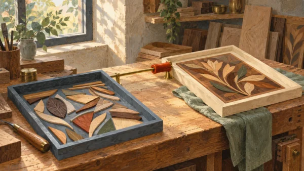 Two connected marquetry stations remain intact while a sliding handle marks the active station.