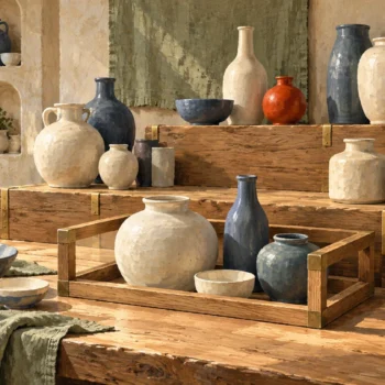 A stepped ceramic display has a removable frame selecting part of one vessel group.