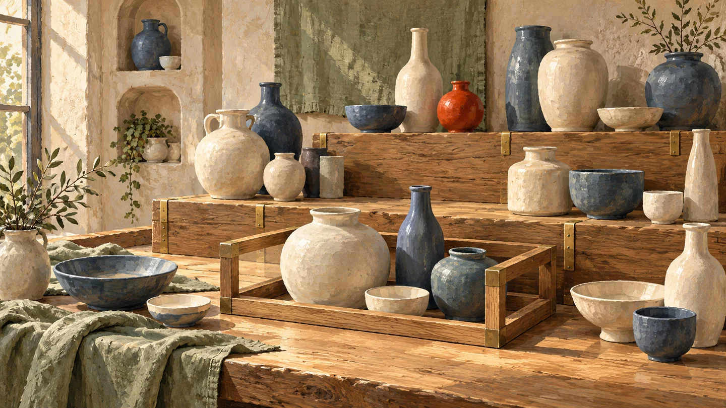 A stepped ceramic display has a removable frame selecting part of one vessel group.