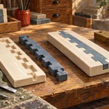 Two complementary ceramic components fit together into one complete tile.