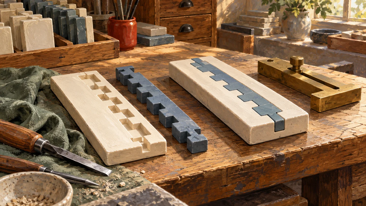 Two complementary ceramic components fit together into one complete tile.