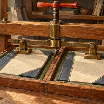 Two separate folio covers are held beneath one shared press restraint.