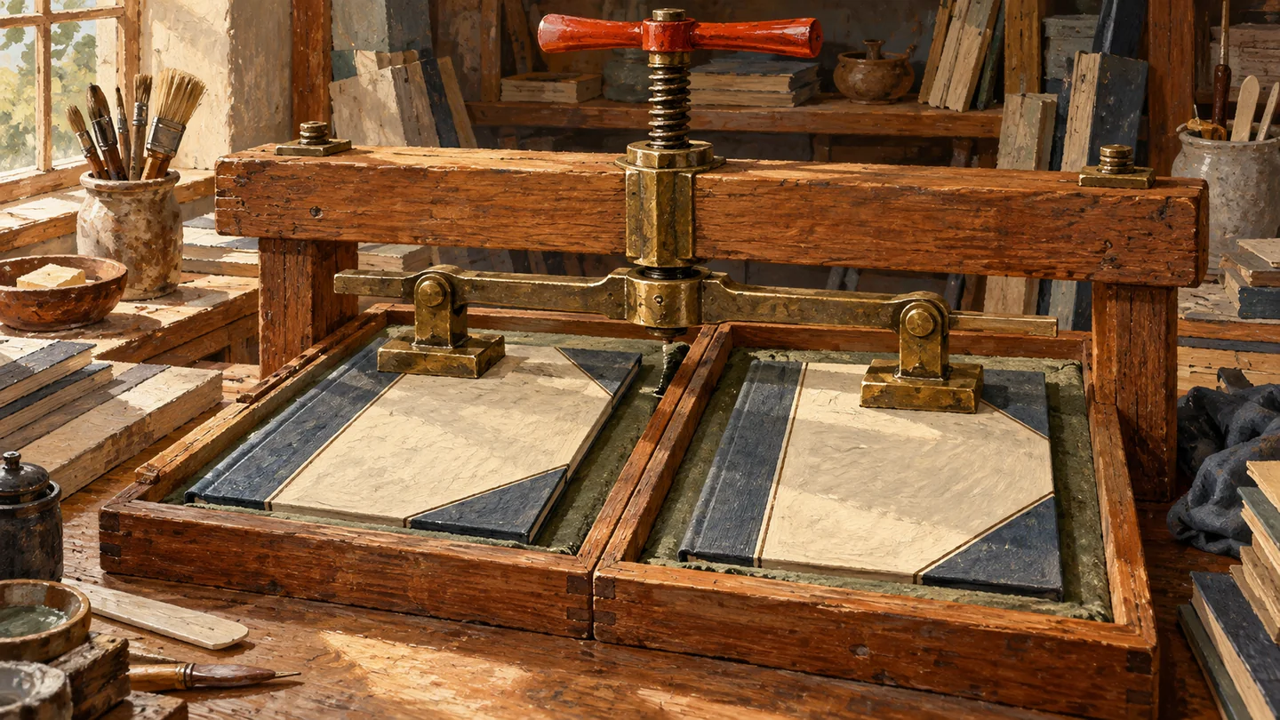 Two separate folio covers are held beneath one shared press restraint.