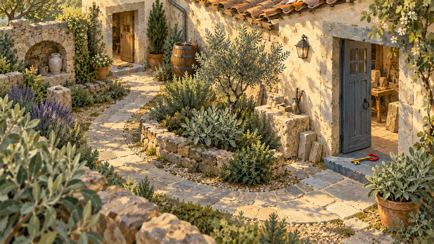 A courtyard passage returns to a second entrance of the same building beside a separate key.