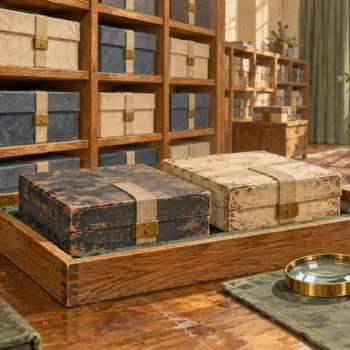 Intact archive cases are set aside for inspection while the retained collection remains secure.