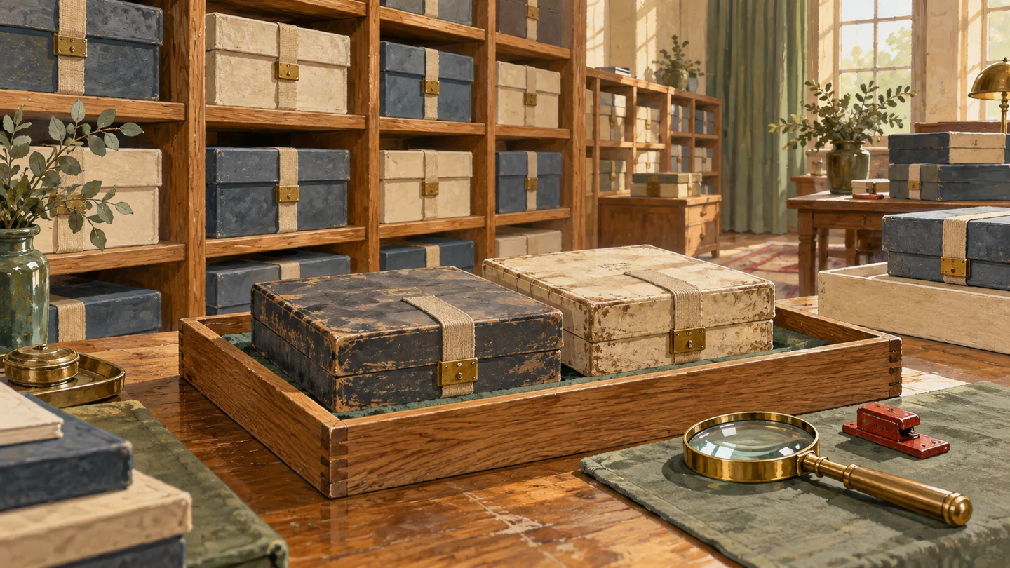 Intact archive cases are set aside for inspection while the retained collection remains secure.
