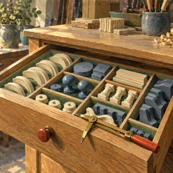 A selected compartmented drawer is inspected with a brass measuring tool while other drawers stay closed.