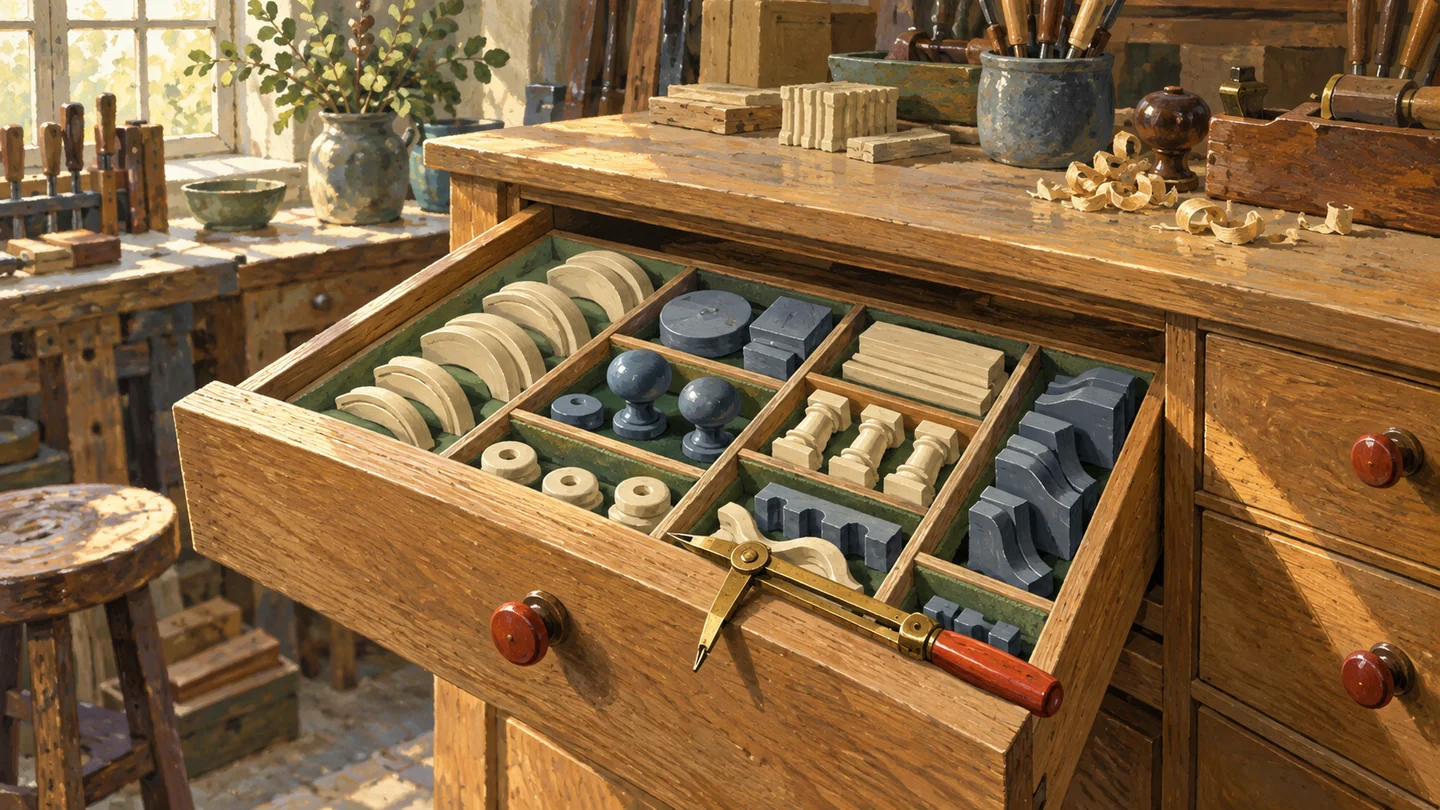 A selected compartmented drawer is inspected with a brass measuring tool while other drawers stay closed.