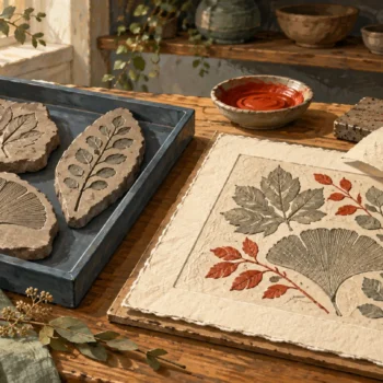 Distinct source relief blocks sit beside a differently arranged finished relief and its stencil.