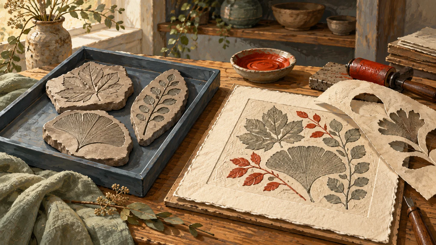 Distinct source relief blocks sit beside a differently arranged finished relief and its stencil.