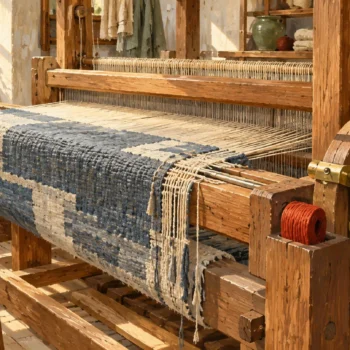 An unfinished woven panel remains on its loom beside a removable stop.