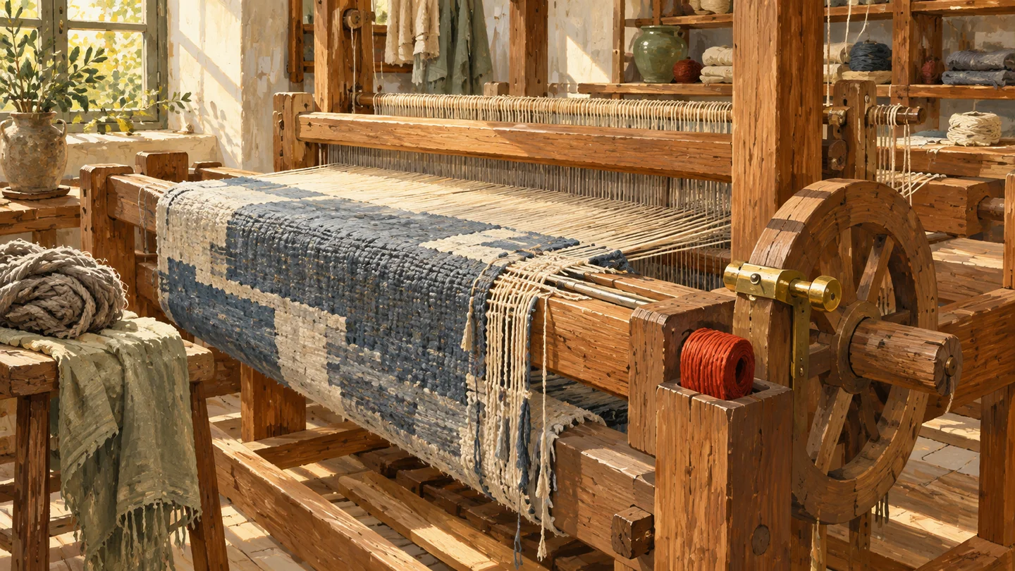An unfinished woven panel remains on its loom beside a removable stop.