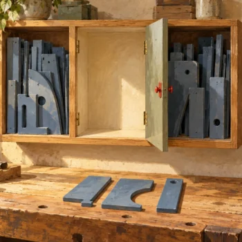 One empty template compartment sits above its removed guides, while neighboring compartments and finished products remain intact.
