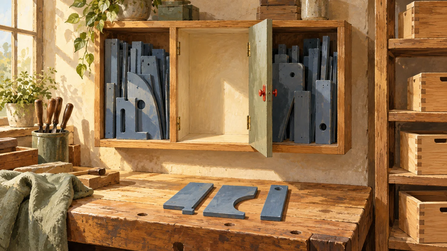 One empty template compartment sits above its removed guides, while neighboring compartments and finished products remain intact.