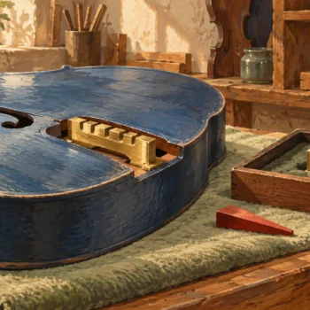 An instrument is inspected with one fitted bridge and an alternative bridge preserved beside it.