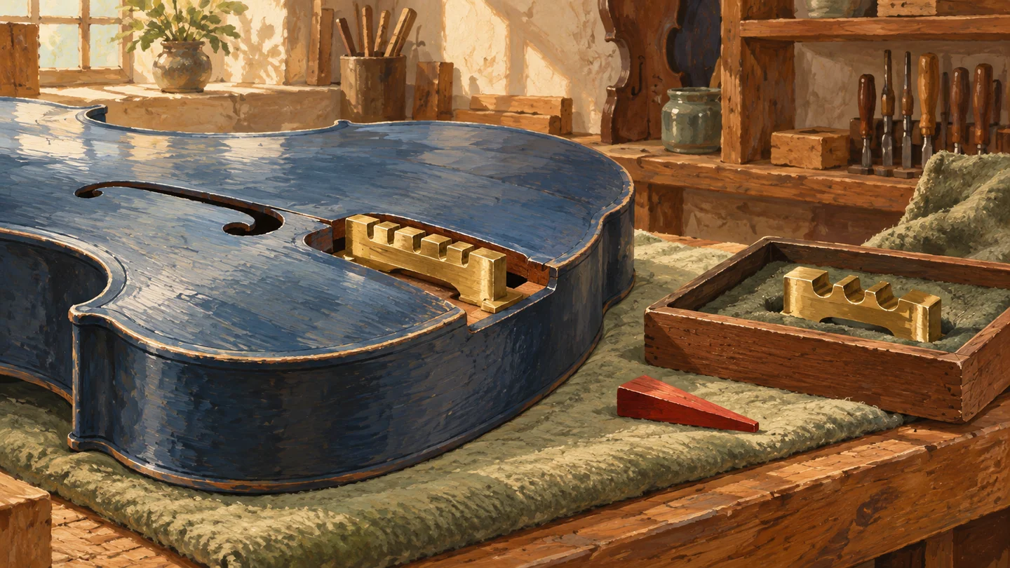 An instrument is inspected with one fitted bridge and an alternative bridge preserved beside it.