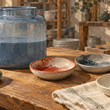A glaze vessel and preserved sampling dishes sit beside a clean dish for a new sample.