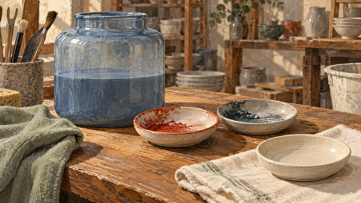 A glaze vessel and preserved sampling dishes sit beside a clean dish for a new sample.