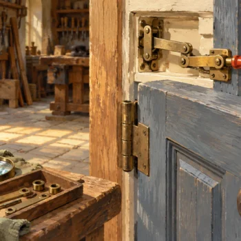 An open workshop door exposes its latch linkage beside an inspection lens.