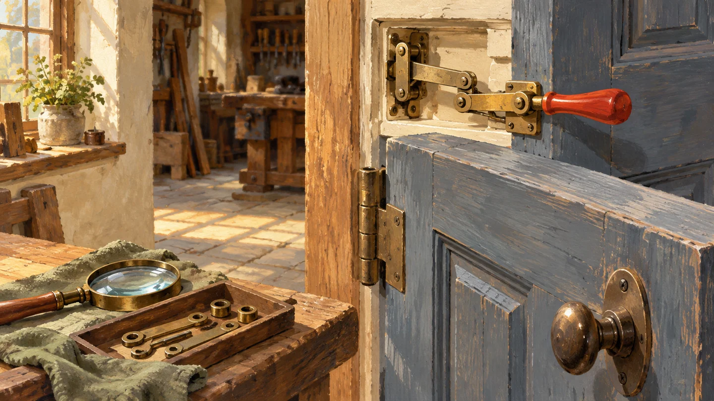 An open workshop door exposes its latch linkage beside an inspection lens.