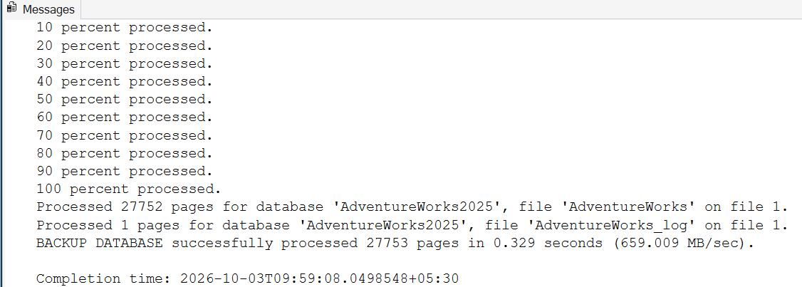SSMS Messages tab listing 10 percent through 100 percent processed for a copy-only backup
