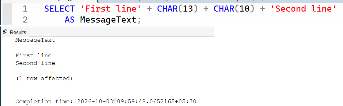 SSMS query and Results to Text output showing First line and Second line on separate lines