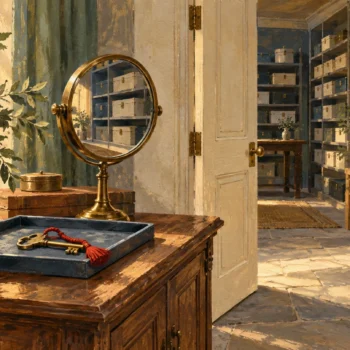 A key and inspection mirror sit near a doorway into a separate stocked storage room.