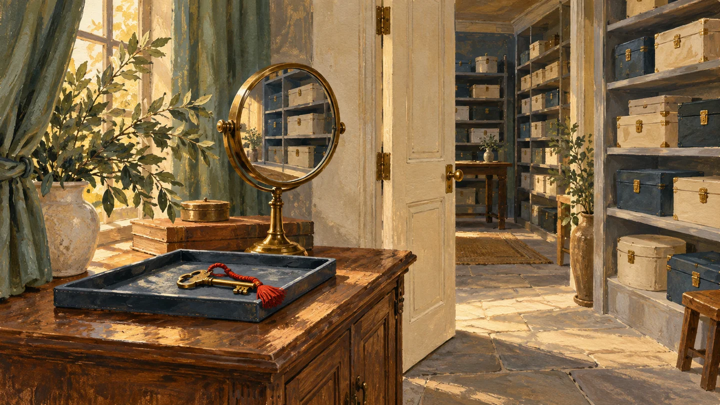 A key and inspection mirror sit near a doorway into a separate stocked storage room.