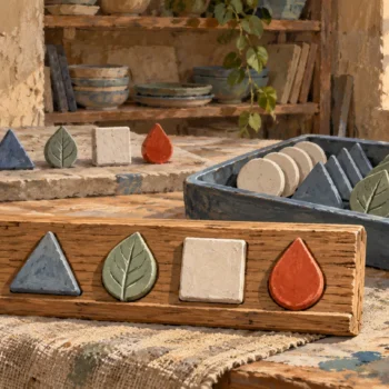 Five distinct relief shapes remain in order while repeated copies are preserved in a separate tray.
