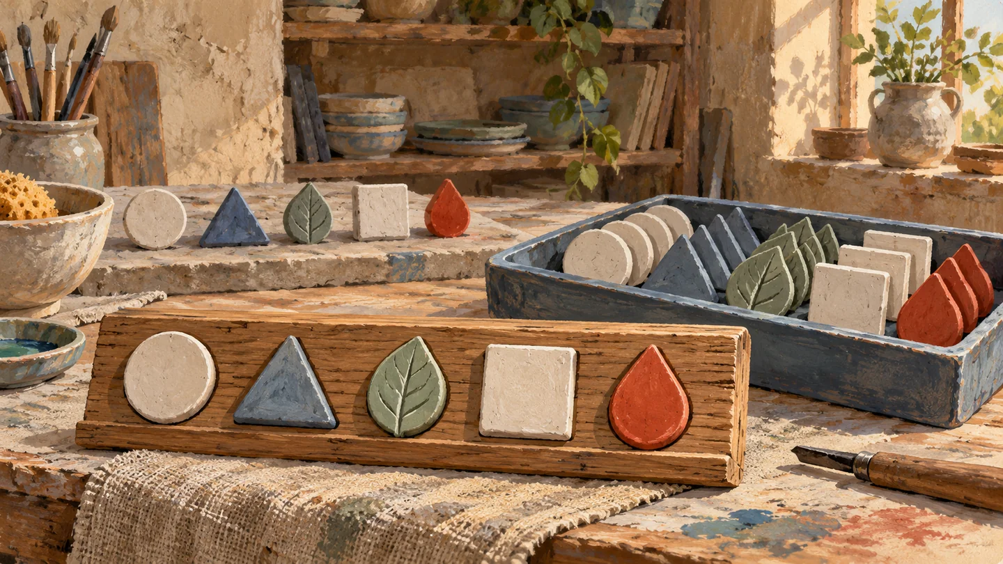 Five distinct relief shapes remain in order while repeated copies are preserved in a separate tray.