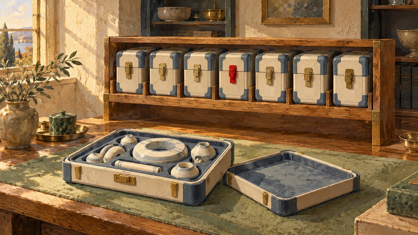 Seven sealed archive cases remain stored beside an opened case used to inspect its fitted contents.