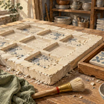 Vacated clay recesses retain small traces beside a cleanup brush and an intact tray of finished tiles.