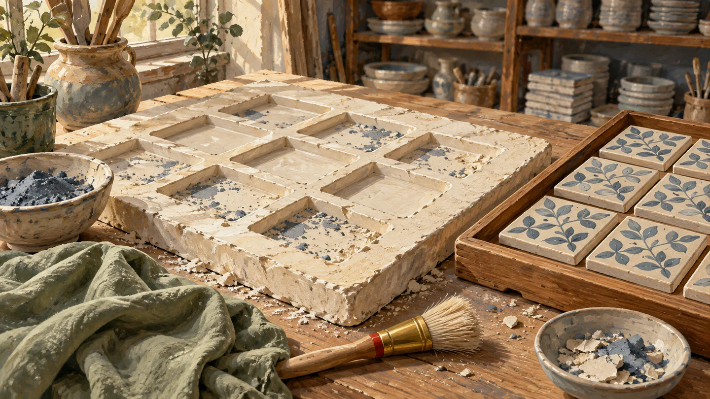 Vacated clay recesses retain small traces beside a cleanup brush and an intact tray of finished tiles.