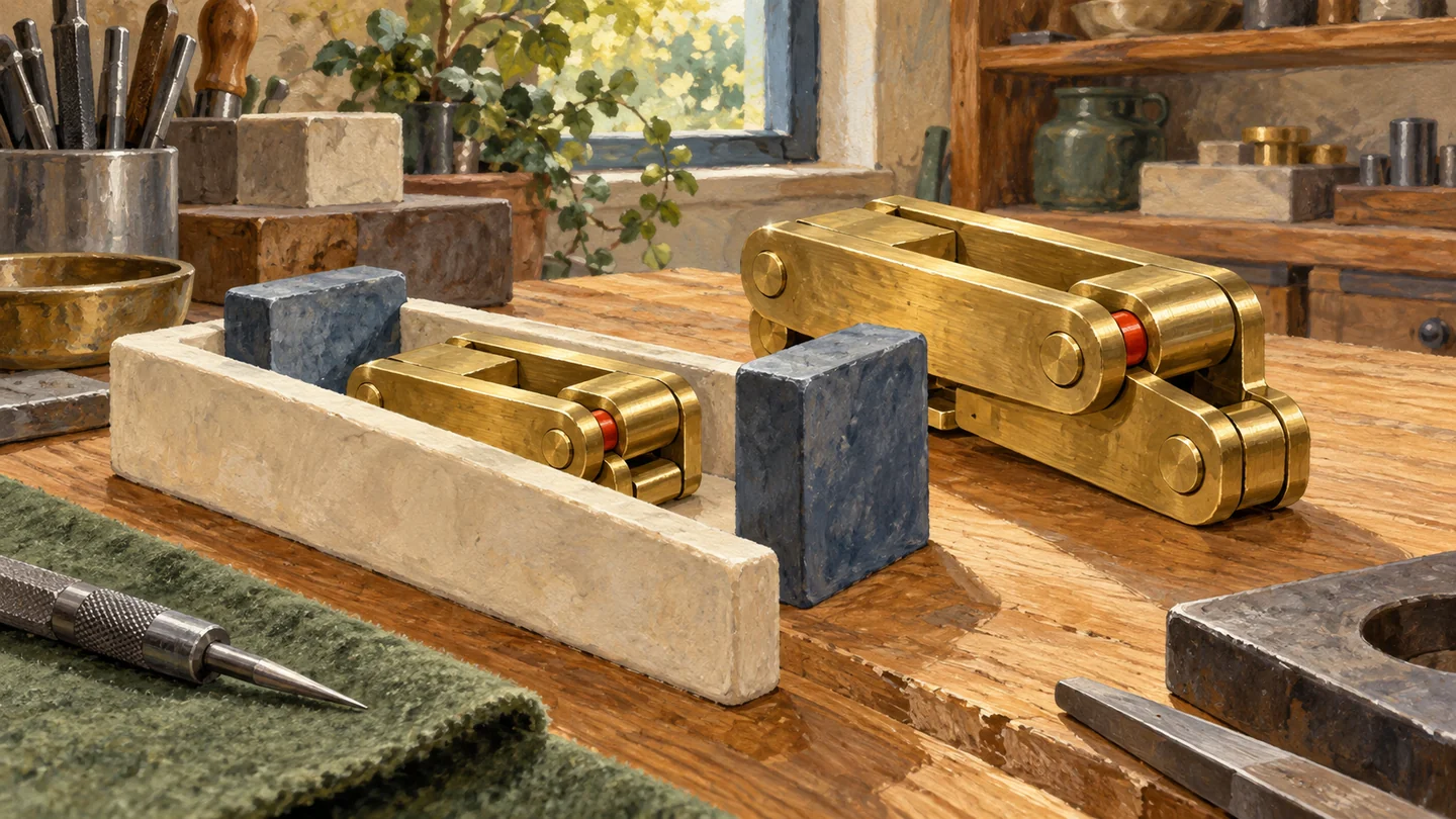 A compact folded fitting is compared with a larger assembly beside a constrained guide channel.