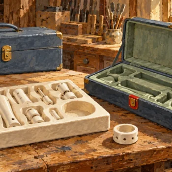 An intact sealed case remains beside a separate staging tray and a new open destination case.