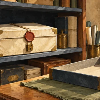 A weathered sealed case remains on its shelf beside an empty transport tray.