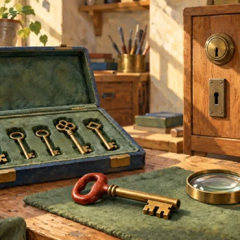 Distinct keys and a master key are inspected beside several different cabinet locks.