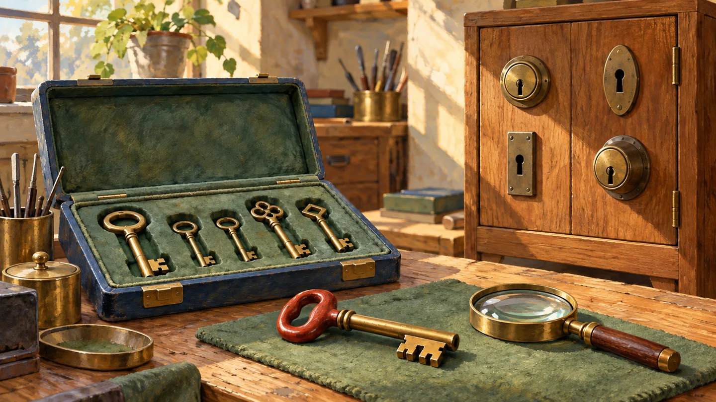 Distinct keys and a master key are inspected beside several different cabinet locks.