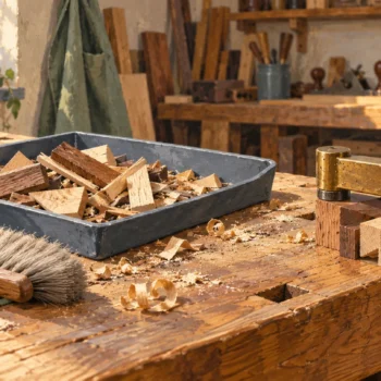 Loose offcuts sit beside a cleanup brush while a separate set remains held by a clamp.