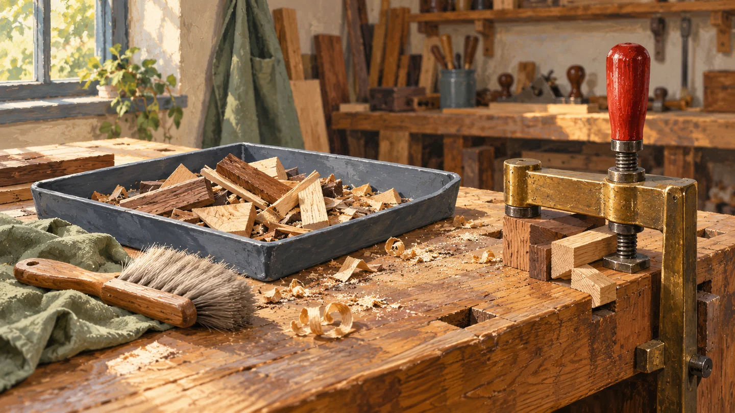 Loose offcuts sit beside a cleanup brush while a separate set remains held by a clamp.