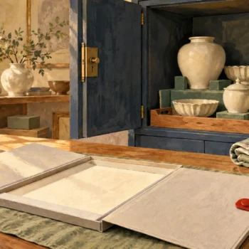 A protected ceramic collection sits beside an open blank review folio and separate protective fittings.