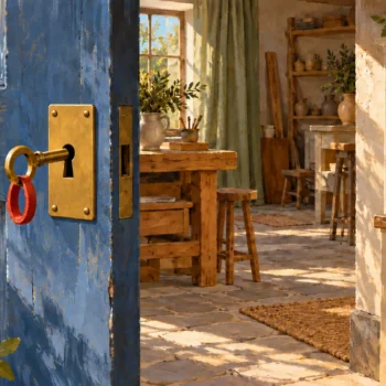 Gouache illustration of Authentication in SQL Server: an entrance key opens an outer door while an inner cabinet keeps a separate lock.