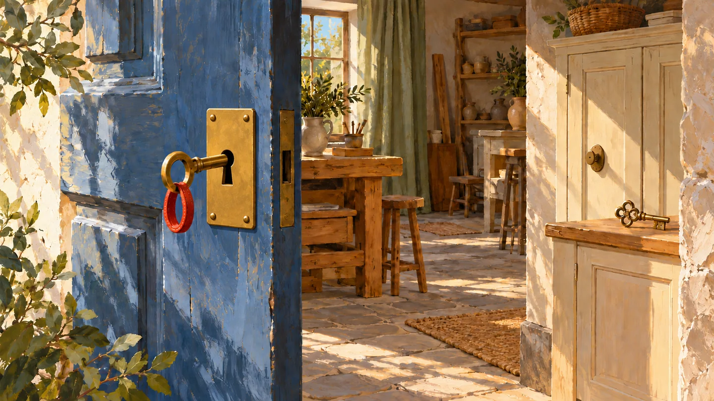 Gouache illustration of Authentication in SQL Server: an entrance key opens an outer door while an inner cabinet keeps a separate lock.