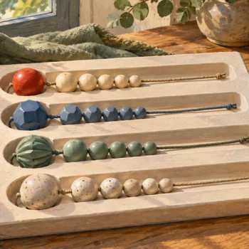 Four bead strands show distinct leading beads in widened receiving recesses.