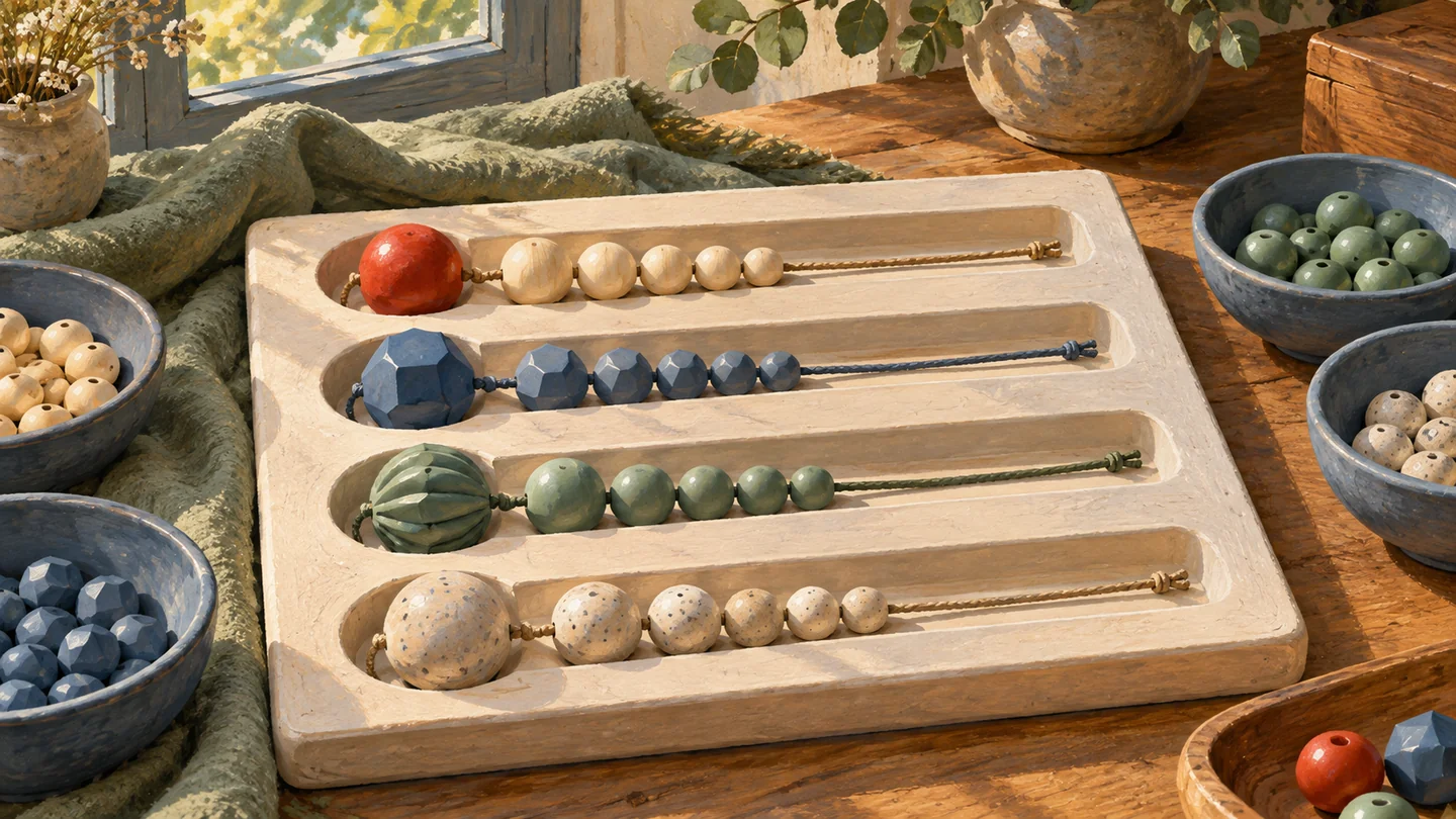 Four bead strands show distinct leading beads in widened receiving recesses.